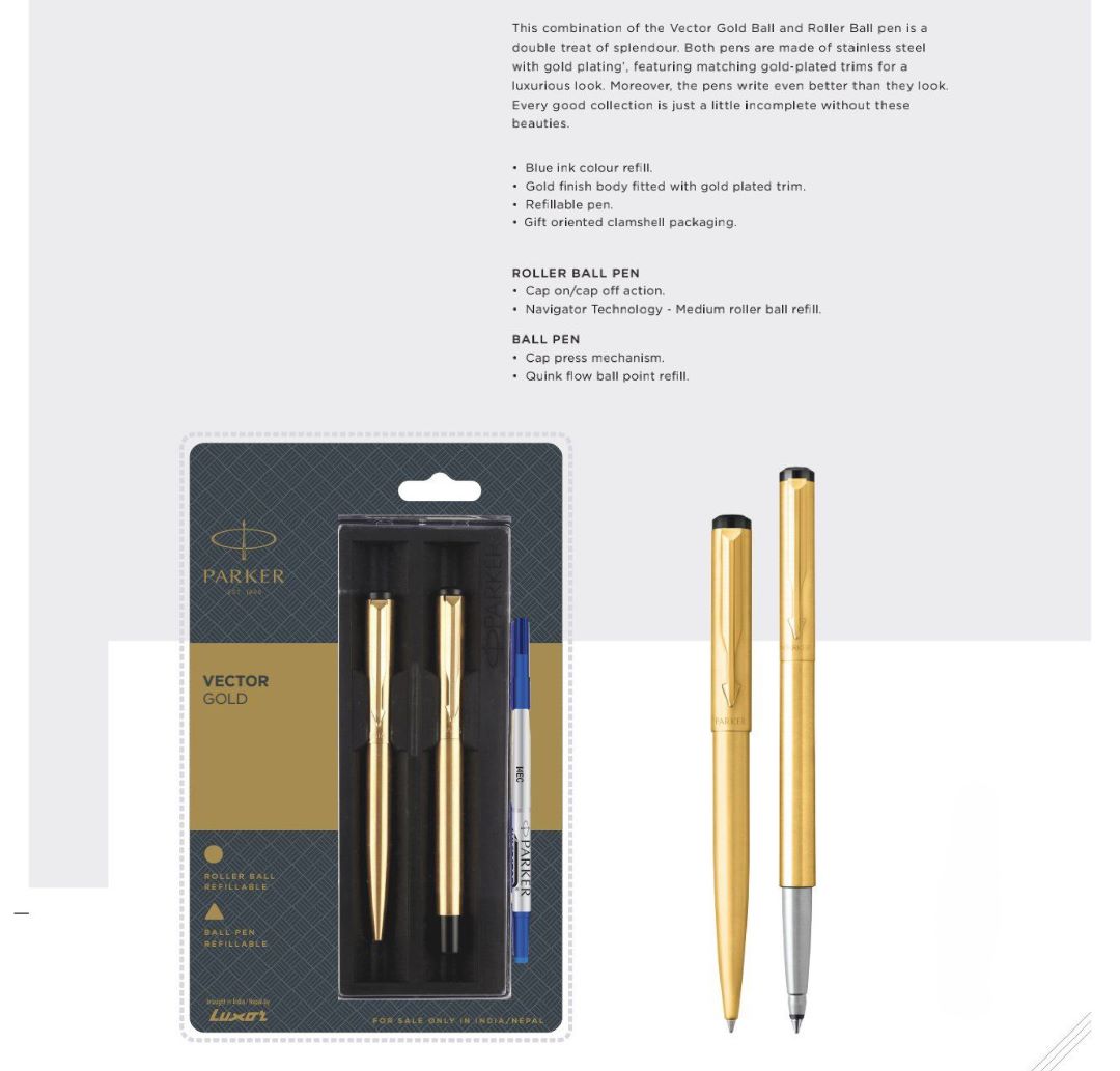 Parker Vector Gold Ball Pen & Roller Ball Pen Set – Gold Trim